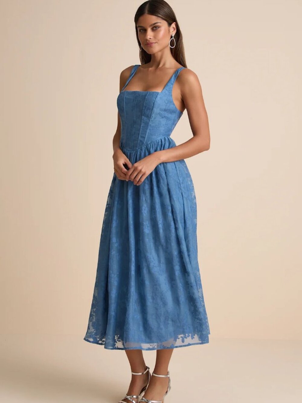 Lulus Colwyn Blue Floral Jacquard Bustier Midi Dress Size XXL - Picture 3 of 13
